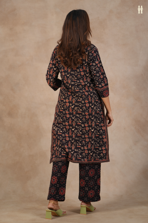 V-Neck Printed Design Black Cotton Salwar Set