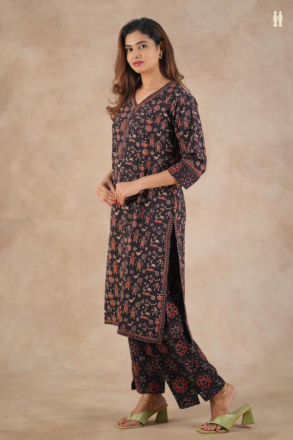V-Neck Printed Design Black Cotton Salwar Set