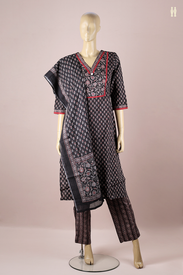 V-Neck Printed Design Black Cotton Salwar Set