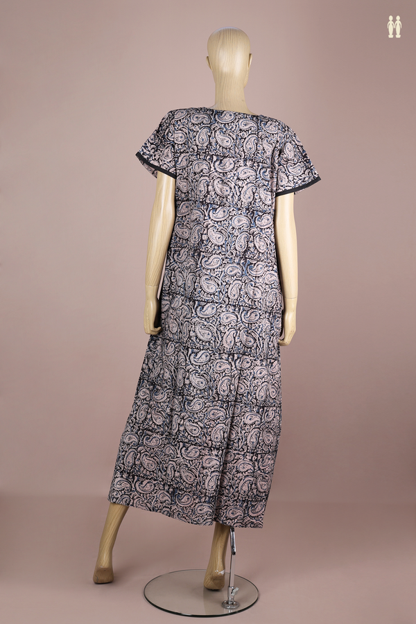 V-Neck Printed Design Black Kalamkari Cotton Nightie