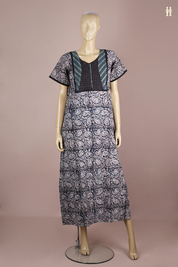 V-Neck Printed Design Black Kalamkari Cotton Nightie