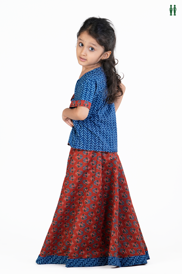 V-Neck Printed Design Blue And Brown Cotton Pavadai Sattai