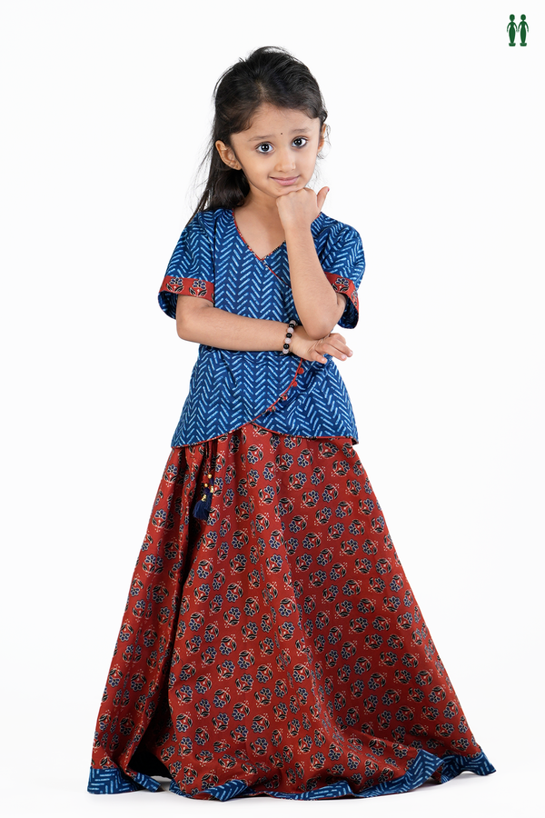 V-Neck Printed Design Blue And Brown Cotton Pavadai Sattai