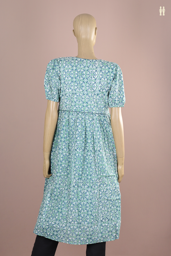 V-Neck Printed Design Blue Cotton Long Kurta