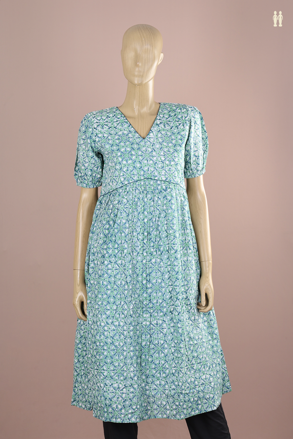 V-Neck Printed Design Blue Cotton Long Kurta