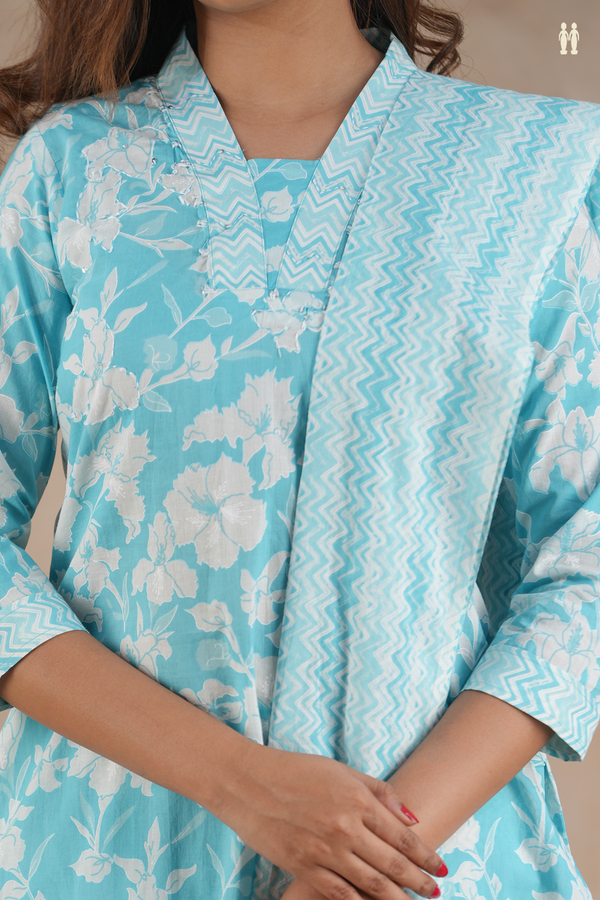 V-Neck Printed Design Blue Cotton Salwar Set