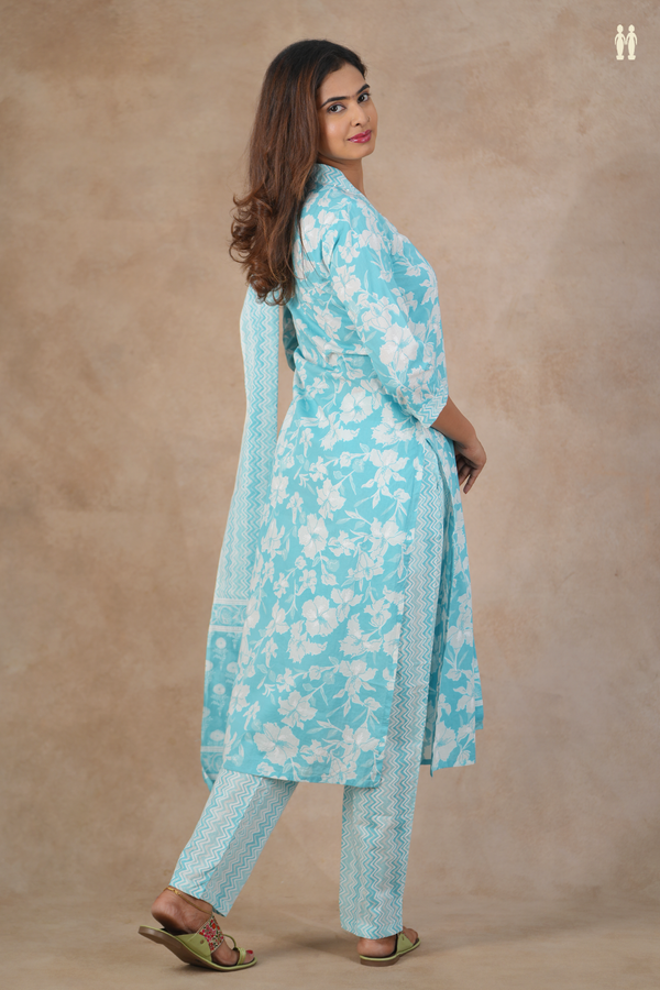 V-Neck Printed Design Blue Cotton Salwar Set