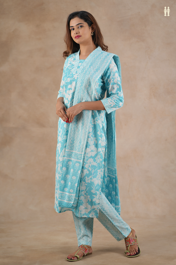V-Neck Printed Design Blue Cotton Salwar Set