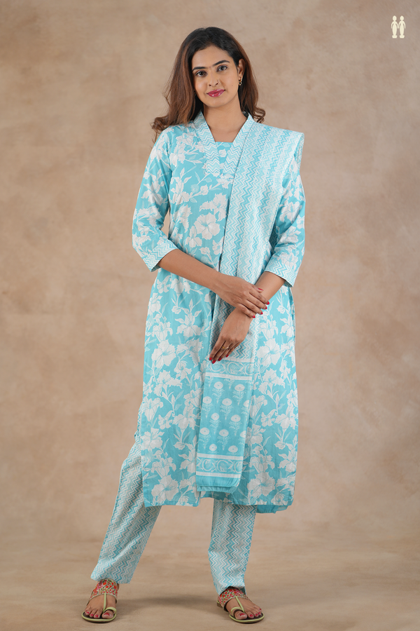 V-Neck Printed Design Blue Cotton Salwar Set