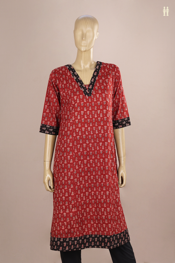 V-Neck Printed Design Brick Red Cotton Long Kurta