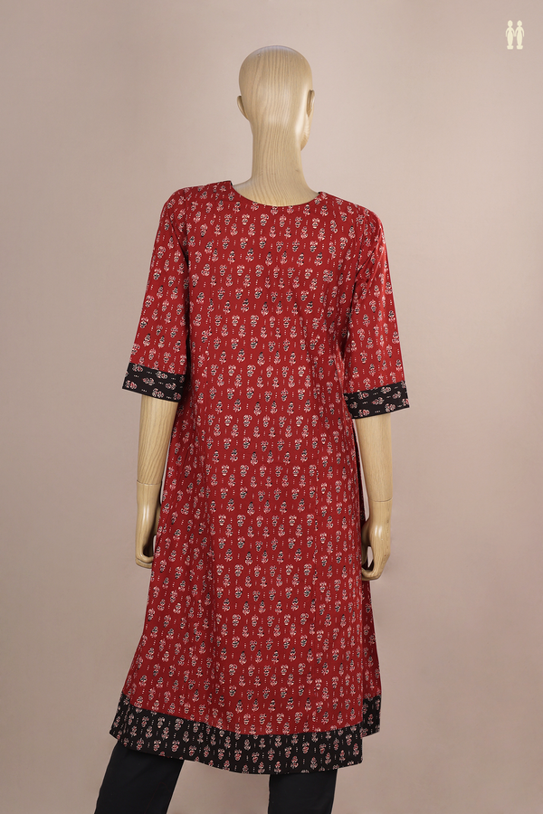 V-Neck Printed Design Brick Red Cotton Long Kurta