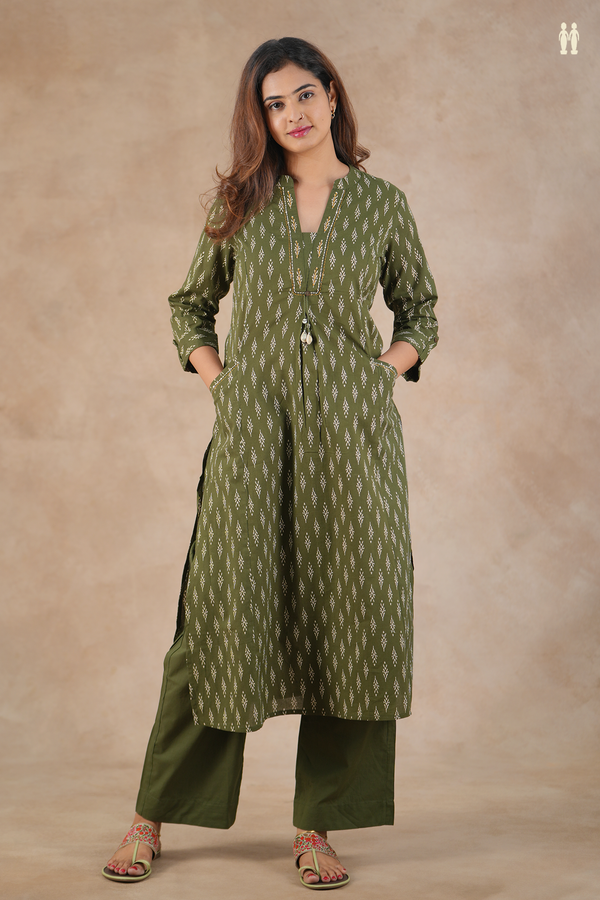 Mandarin Neck Printed Design Forest Green Cotton Salwar Set