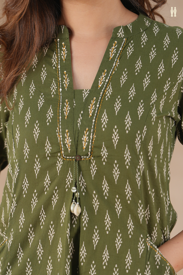 Mandarin Neck Printed Design Forest Green Cotton Salwar Set