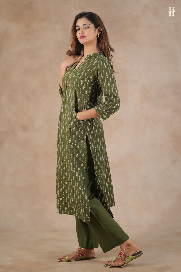 Mandarin Neck Printed Design Forest Green Cotton Salwar Set
