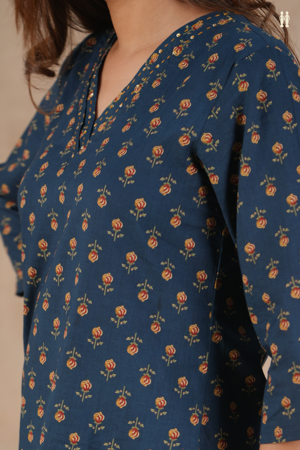 V-Neck Printed Design Oxford Blue Cotton Salwar Set
