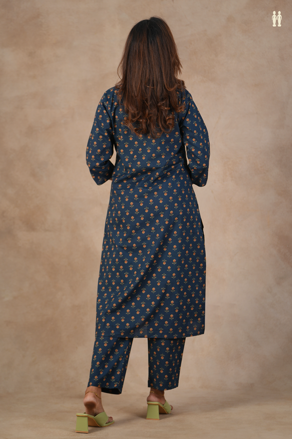 V-Neck Printed Design Oxford Blue Cotton Salwar Set