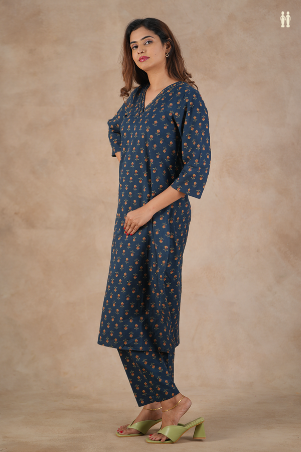 V-Neck Printed Design Oxford Blue Cotton Salwar Set