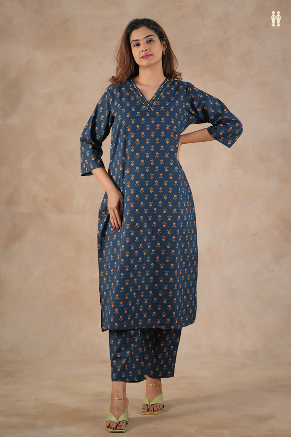 V-Neck Printed Design Oxford Blue Cotton Salwar Set