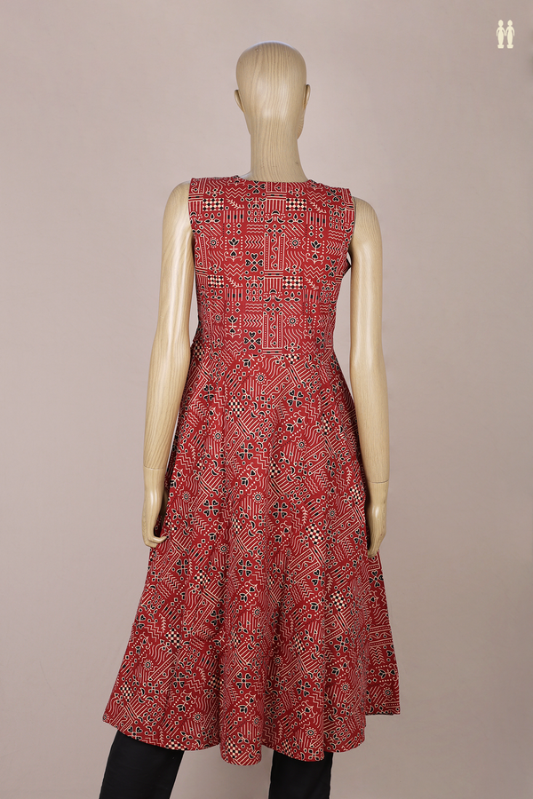 V-Neck Printed Design Red Cotton Long Kurta