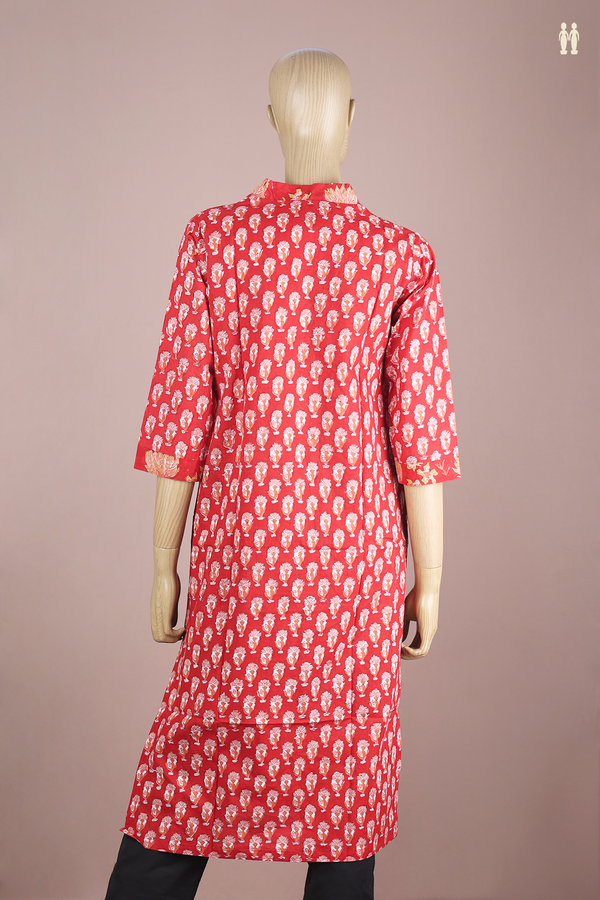 V-Neck Printed Design Red Jaipur Cotton Long Kurta