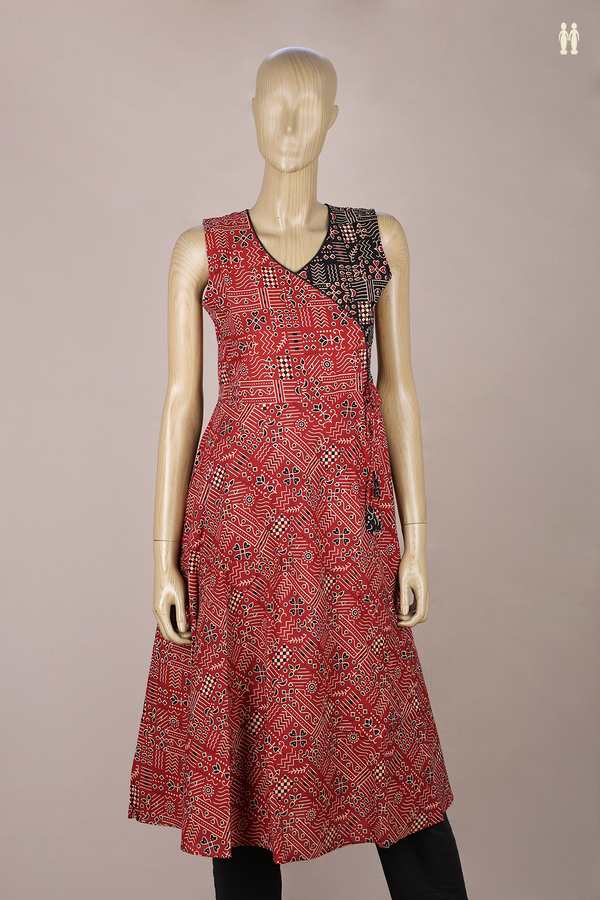 V-Neck Printed Design Red Cotton Long Kurta