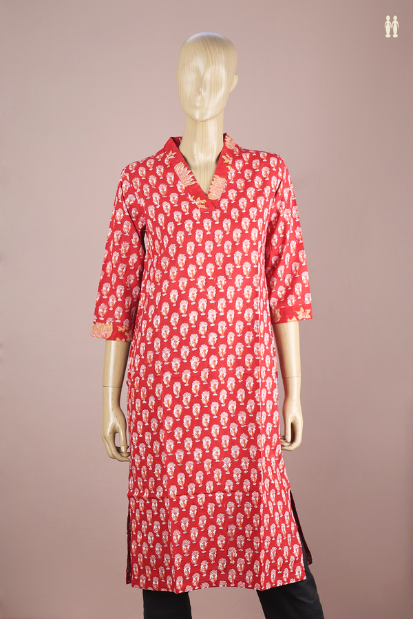 V-Neck Printed Design Red Jaipur Cotton Long Kurta
