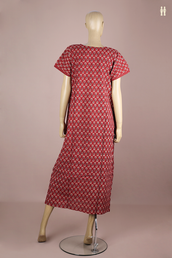 V-Neck Printed Design Red Cotton Nightie