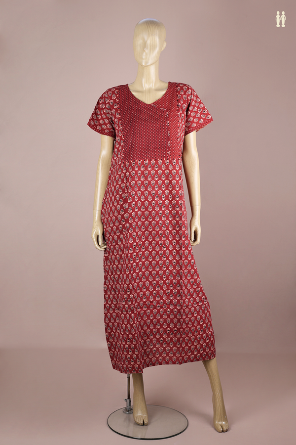 V-Neck Printed Design Red Cotton Nightie