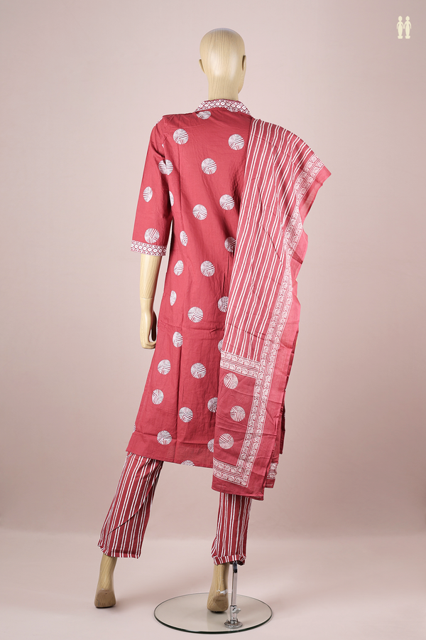 V-Neck Printed Design Red Cotton Salwar Set