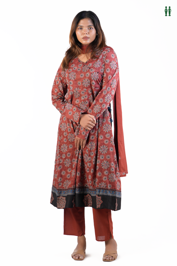 V-Neck Printed Design Red Cotton Salwar Set