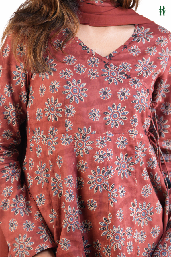 V-Neck Printed Design Red Cotton Salwar Set