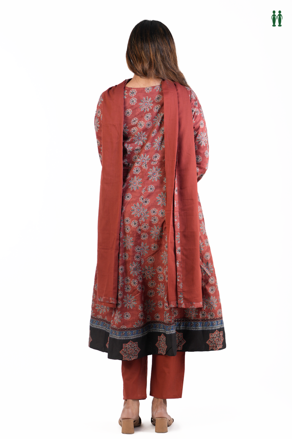 V-Neck Printed Design Red Cotton Salwar Set