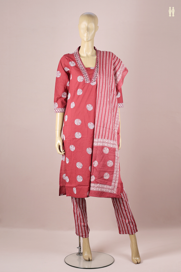 V-Neck Printed Design Red Cotton Salwar Set