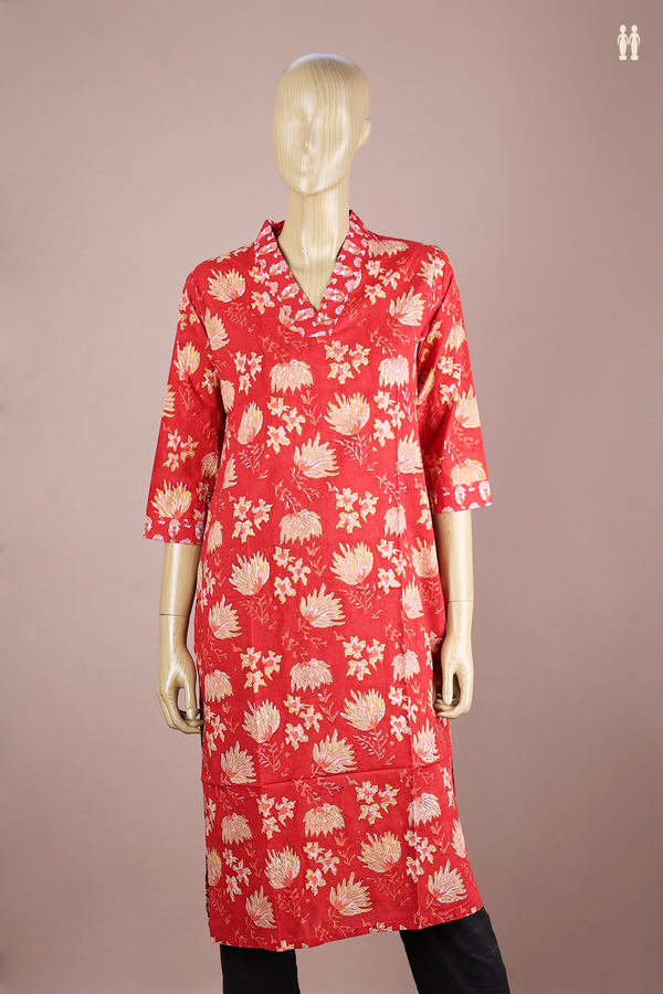 V-Neck Printed Design Red Jaipur Cotton Long Kurta