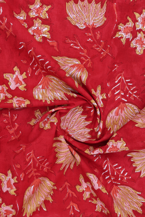 V-Neck Printed Design Red Jaipur Cotton Long Kurta
