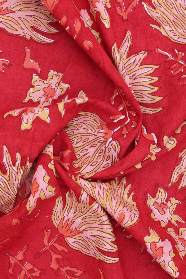 V-Neck Printed Design Red Jaipur Cotton Long Kurta