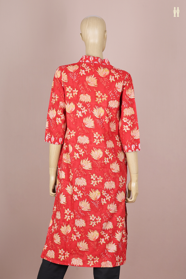V-Neck Printed Design Red Jaipur Cotton Long Kurta