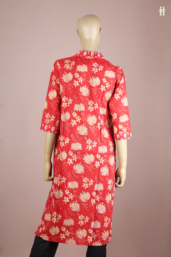V-Neck Printed Design Red Jaipur Cotton Long Kurta