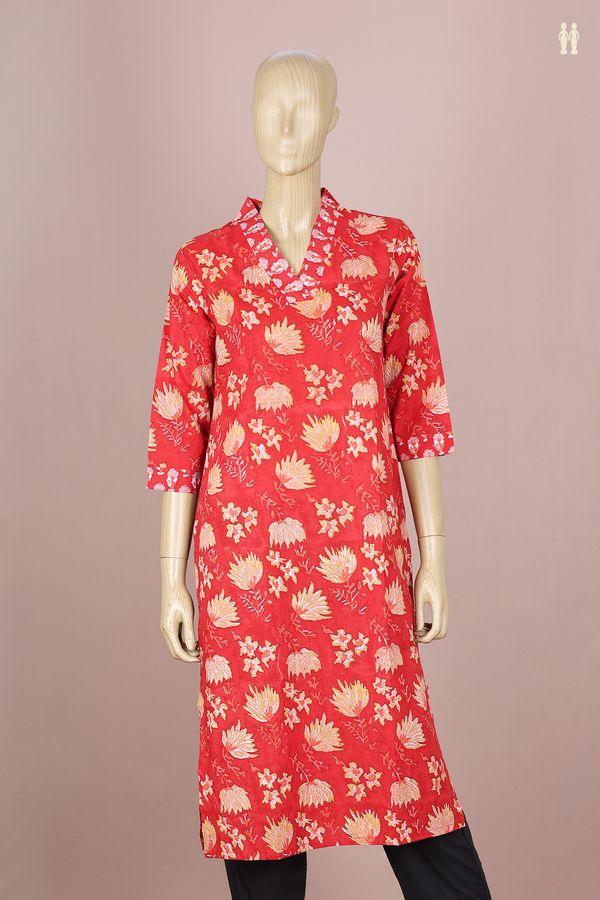 V-Neck Printed Design Red Jaipur Cotton Long Kurta