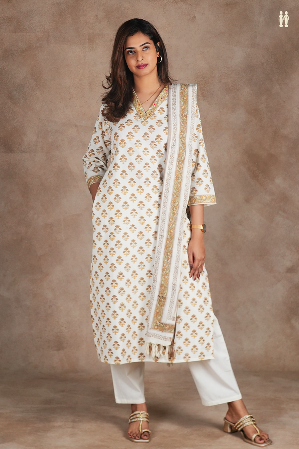 V-Neck Printed Design White Cotton Salwar Set