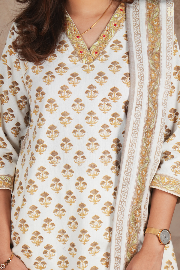 V-Neck Printed Design White Cotton Salwar Set