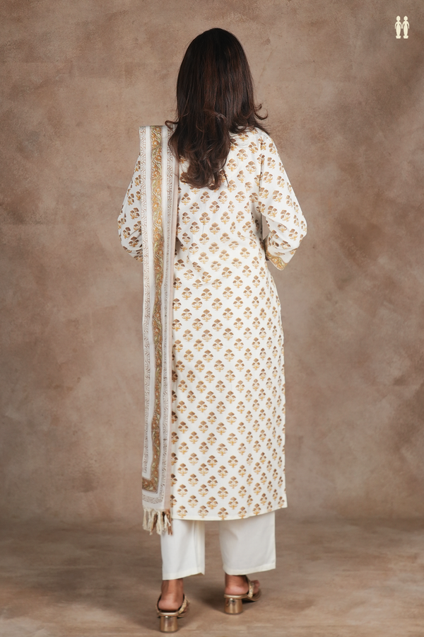 V-Neck Printed Design White Cotton Salwar Set