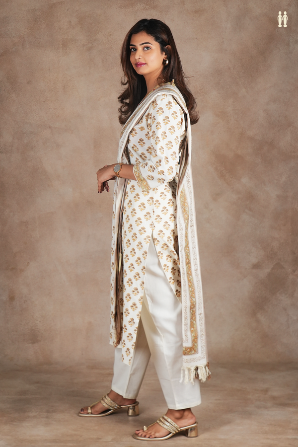 V-Neck Printed Design White Cotton Salwar Set