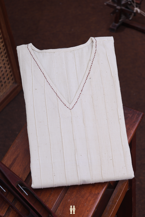 V-Neck Stripes Design Beige Handspun Cotton Long Kurta