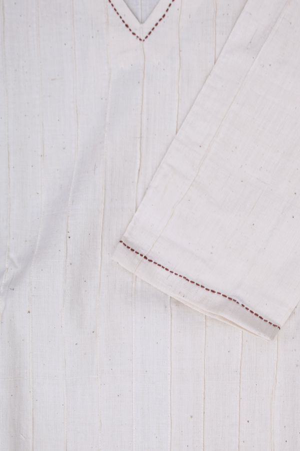 V-Neck Stripes Design Beige Handspun Cotton Long Kurta