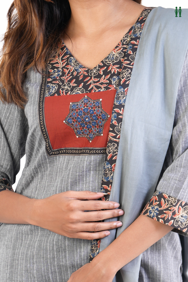 V-Neck Stripes Design Grey Cotton Salwar Set