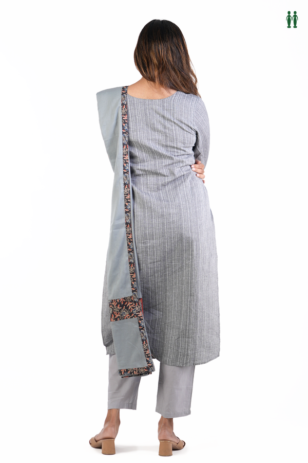 V-Neck Stripes Design Grey Cotton Salwar Set