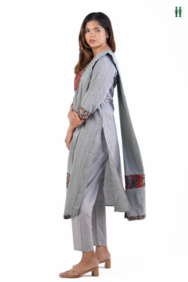 V-Neck Stripes Design Grey Cotton Salwar Set