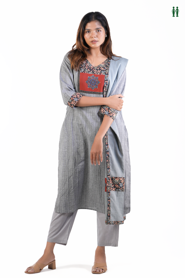 V-Neck Stripes Design Grey Cotton Salwar Set