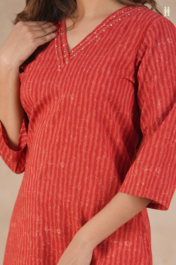 V-Neck Stripes Design Red Cotton Salwar Set